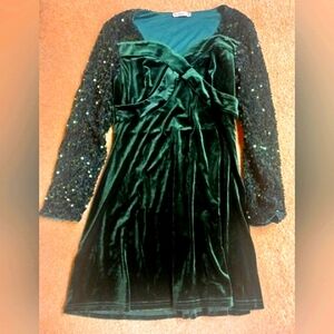 New Green Velvet Sparkly Holiday Dress with Sequin Sleeves Unworn Unused XL